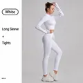 Two piece ribbed sports yoga set featuring long sleeve crop top and leggings in white color - S / Top And Bottom / Long Sleeve + Leggings / White