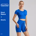 Two-piece royal blue ribbed yoga set featuring short sleeve top and drawstring shorts - S / Top And Bottom / Short Sleeve + Shorts / Sapphire Blue