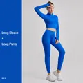 Professional royal blue ribbed yoga set featuring long sleeve crop top and drawstring leggings - S / Top And Bottom / Long Sleeve + Leggings / Sapphire Blue