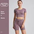 Two-piece ribbed yoga set with short sleeve crop top and drawstring shorts in bean paste - S / Top And Bottom / Short Sleeve + Shorts / Dusty Pink