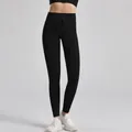 High waist ribbed yoga leggings for women in solid black color with drawstring - S / Bottoms / Black