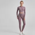 Professional women's two-piece ribbed yoga set with drawstring leggings in dusty rose - S / Top And Bottom / Long Sleeve + Leggings / Dusty Pink