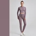 Professional women's two-piece ribbed yoga set with drawstring leggings in dusty rose - S / Top And Bottom / Long Sleeve + Leggings / Dusty Pink