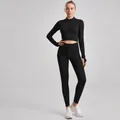 Professional ribbed drawstring yoga set with long sleeve top and leggings in black - S / Top And Bottom / Long Sleeve + Leggings / Black