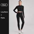 Professional ribbed drawstring yoga set with long sleeve top and leggings in black - S / Top And Bottom / Long Sleeve + Leggings / Black
