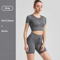 Professional grey ribbed yoga set including short sleeve zip top and drawstring shorts - S / Top And Bottom / Short Sleeve + Shorts / Gray