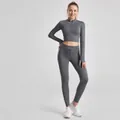 Women's grey ribbed two-piece yoga set featuring long sleeve half-zip top and leggings - S / Top And Bottom / Long Sleeve + Leggings / Gray