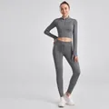Women's grey ribbed two-piece yoga set featuring long sleeve half-zip top and leggings - S / Top And Bottom / Long Sleeve + Leggings / Gray