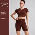 Coffee brown ribbed two-piece yoga set with short sleeve top and drawstring shorts - S / Top And Bottom / Short Sleeve + Shorts / Coffee
