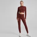 Two-piece ribbed yoga set with drawstring leggings and long sleeve top in coffee brown - S / Top And Bottom / Long Sleeve + Leggings / Coffee