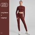 Two-piece ribbed yoga set with drawstring leggings and long sleeve top in coffee brown - S / Top And Bottom / Long Sleeve + Leggings / Coffee