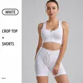 White ribbed drawstring yoga set featuring a zippered sports bra and high waist shorts - S / Top And Bottom / Bra + Shorts / White