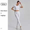 Two-piece white ribbed yoga set with short sleeve crop top and drawstring leggings - S / Top And Bottom / Short Sleeve + Leggings / White