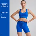 Royal blue ribbed yoga fitness set featuring zip-front sports bra and drawstring shorts - S / Top And Bottom / Bra + Shorts / Sapphire Blue