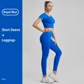 Two-piece royal blue ribbed yoga set featuring short sleeve top and high waist leggings - S / Top And Bottom / Short Sleeve + Leggings / Sapphire Blue