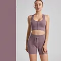 Mauve ribbed yoga set featuring a zip-front sports bra and matching drawstring shorts. - S / Top And Bottom / Bra + Shorts / Dusty Pink