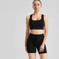 Black ribbed yoga workout set with drawstring shorts and zip-up sports bra for women - S / Top And Bottom / Bra + Shorts / Black