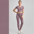 Mauve ribbed two-piece yoga set featuring a short sleeve crop top and high waist leggings - S / Top And Bottom / Short Sleeve + Leggings / Dusty Pink