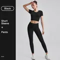 Women's ribbed yoga set in black with short sleeve crop top and drawstring leggings - S / Top And Bottom / Short Sleeve + Leggings / Black