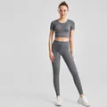 Ribbed grey yoga set featuring short sleeve zipper crop top and high waist leggings - S / Top And Bottom / Short Sleeve + Leggings / Gray
