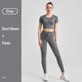 Ribbed grey yoga set featuring short sleeve zipper crop top and high waist leggings - S / Top And Bottom / Short Sleeve + Leggings / Gray