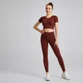 Two-piece ribbed drawstring yoga set in coffee color with short sleeve top and leggings - S / Top And Bottom / Short Sleeve + Leggings / Coffee