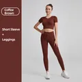 Two-piece ribbed drawstring yoga set in coffee color with short sleeve top and leggings - S / Top And Bottom / Short Sleeve + Leggings / Coffee