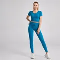 Ribbed peacock green yoga set with short sleeve top and drawstring activewear leggings - S / Top And Bottom / Short Sleeve + Leggings / Malachite green
