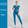 Ribbed peacock green yoga set with short sleeve top and drawstring activewear leggings - S / Top And Bottom / Short Sleeve + Leggings / Malachite green