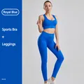 Royal blue two-piece ribbed yoga set with zipper sports bra and drawstring gym leggings - S / Top And Bottom / Sports Bra + Leggings / Sapphire Blue