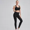Premium black ribbed yoga set featuring drawstring leggings and front-zip sports bra for women - S / Top And Bottom / Sports Bra + Leggings / Black
