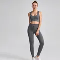 Two-piece ribbed gray yoga set featuring front-zip sports bra and drawstring leggings - S / Top And Bottom / Sports Bra + Leggings / Gray