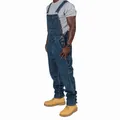Side view of men's loose denim overalls with multiple pockets in dark blue finish - S / Top And Bottom / Dark Blue