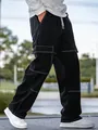 Black straight-leg cargo jeans for men with contrast white stitching and drawstring - S / Bottoms / Black