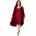 Detail view of wine red lace midi dress with matching shawl cape - S / Top And Bottom / Burgundy