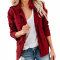 Detail view of women's wine red utility jacket with multiple pockets and zip closure - S / Tops / Burgundy