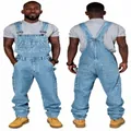 Men's loose light blue denim overalls with multi-pockets shown from front and back views - S / Top And Bottom / Light Blue