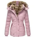 Detailed view of a stylish women's pink winter puffer jacket with warm faux fur lined hood - S / Tops / Pink