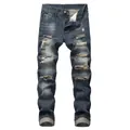 Front view of distressed slim fit straight leg jeans with ripped detailing for men - 28 / Bottoms / Dark Blue