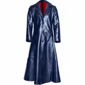 Langer dunkelblauer PU-Ledermantel für Herren mit Umlegekragen und rotem Futter. - 3XL / Oberteile / Blau