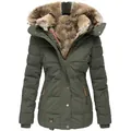 Close-up detail view of women's olive green winter parka featuring a fluffy faux fur hood - S / Tops / Army Green