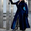 Elegant navy blue long PU leather trench coat with zipper closure for autumn and winter - Navy Blue
