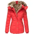 Front view of women's warm red winter puffer jacket with a cozy faux fur-lined hood - S / Tops / Red