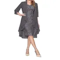 Elegant two-piece grey lace dress set with a matching long chiffon jacket worn by model - S / Top And Bottom / Gray