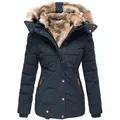 Vista dettagliata del parka invernale da donna con calda fodera in ecopelliccia nel cappuccio - Blu