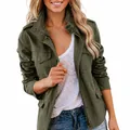 Detail view of army green utility jacket featuring multi-pocket design and zip closure - S / Tops / Army Green