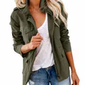 Detail view of army green utility jacket featuring multi-pocket design and zip closure - S / Tops / Army Green