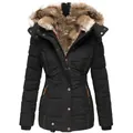Women's slim-fit black winter parka jacket featuring a luxurious faux fur-lined hood. - S / Tops / Black