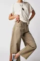 Close-up detail of khaki washed mid-low waist wide-leg denim cargo pants for women - Khaki