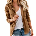 Stylish brown slim-fit multi-pocket utility jacket for women featuring a zip closure and stand collar - Brown